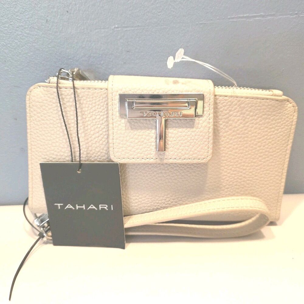 Tahari Bifold Wallet Wristlet NEW Multisection Cloud White Pebbled Faux Leather